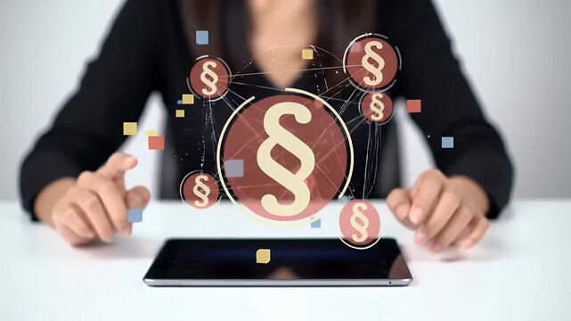 Woman Using Tablet with Digital Law Symbols on White Desk in Bright Studio Legal Regulation Justice Concepts and Modern Technology Integration
