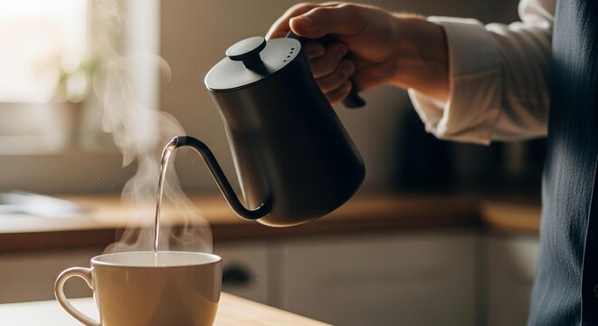A man pours hot water from a gooseneck kettle into a cup. - Powered by Adobe