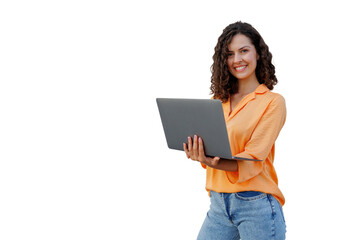 Naklejka premium Professional businesswoman smiling, gripping laptop while standing against transparent background, ideal for digital compositions