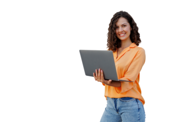 Professional businesswoman smiling, gripping laptop while standing against transparent background, ideal for digital compositions