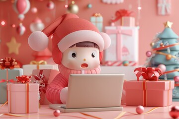 Adorable 3D cartoon child in winter hat looking surprised while shopping online for Christmas presents surrounded by colorful gifts.