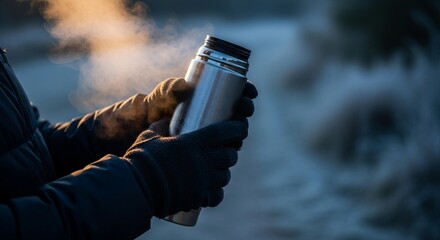 Person's gloved hands holding a stainless steel thermos bottle releasing steam in the cold outdoors.