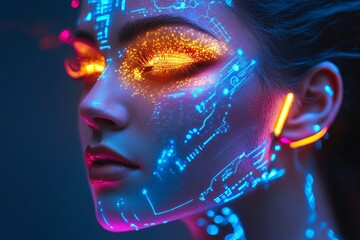 Futuristic cyberpunk woman with glowing neon facial patterns and illuminated eyelashes