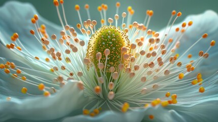 Extreme macro photography of a white flower&rsquo;s stamen and pistil, showing vibrant yellow pollen grains in fine detail.