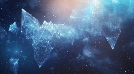 Abstract glowing blue geometric shapes resembling crystals or shards floating in a starry cosmic space with interconnected lines and a soft glowing light