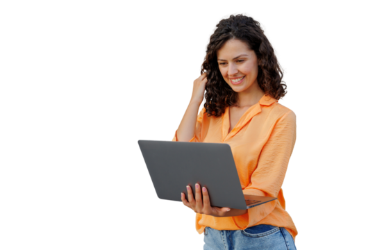 Happy businesswoman using laptop, isolated on transparent background, ideal for easy integration into any design project