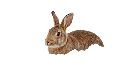 Curious brown rabbit closeup isolated on the transparent background with alert ears and detailed fur texture