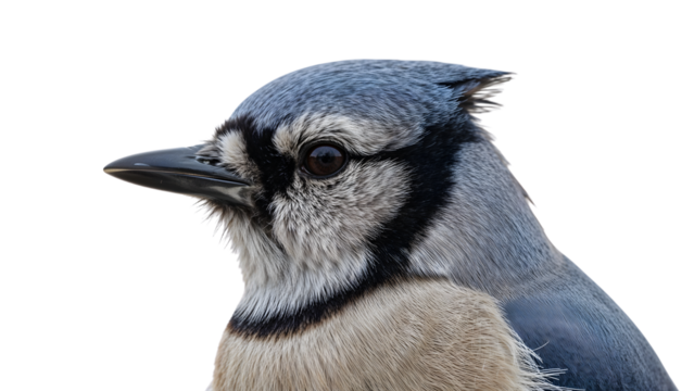 Closeup portrait of a blue jay with detailed feathers and distinctive markings on isolated white background