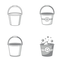 Four different buckets three empty and one with a bubble bath