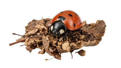 Ladybug on dry leaves isolated, macro insect detail, natural red beetle closeup, autumn wildlife concept, white background