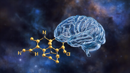 A golden molecular structure of spermidine floating above a brain-shaped nebula, glowing with energy.