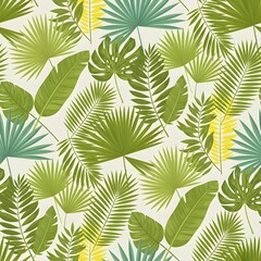Tropical Seamless Pattern Featuring Various Stylized Palm And Banana Leaves In Shades Of Green Teal 