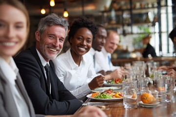 Group of happy business professionals enjoying a meal together in a lively restaurant setting during a corporate lunch