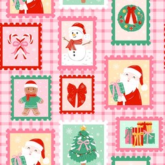 Christmas Stamps Gingham Seamless Pattern 