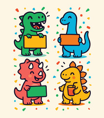 Cute cartoon dinosaurs with blank signs and confetti T-Rex, Brachiosaurus, Triceratops, and Stegosaurus in colorful kids illustration © AngelSID