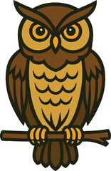 Owl Sitting on Branch Vector Illustration – Isolated Bird Graphic in Flat Style on White Background