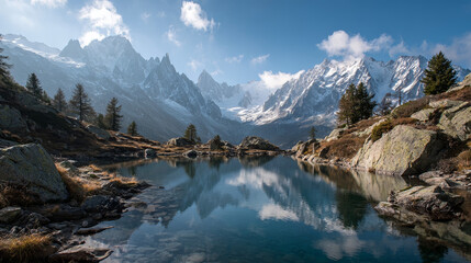 Serene alpine lake reflecting a majestic snow-capped mountain range under a clear blue sky.