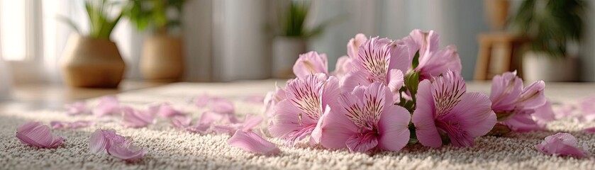 Lily breeze with cushion carpet concept. Beautiful pink flower petals arranged elegantly indoors.