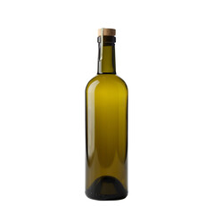 Glass bottle of olive green color with a cork on a transparent background.