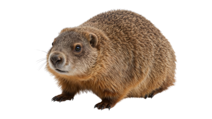 Groundhog isolated on the transparent background closeup  brown fur, whiskers, alert stance, detailed rodent, mammal wildlife concept