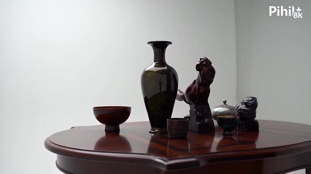 Arrangement of Dark Wooden Vases and Figurines on a Polished Wood Table Against a Bright White Background A Classic Still Life Composition