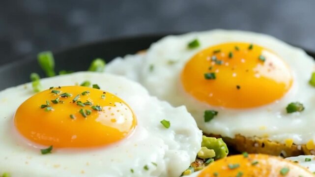 Delicious avocado toast slices of whole grain bread topped with fried eggs.