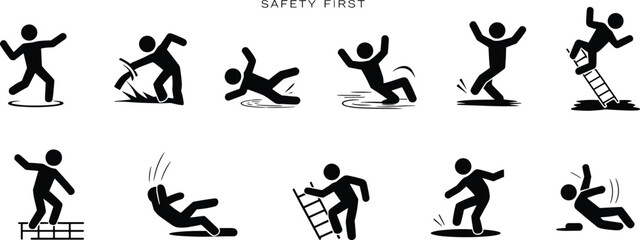 Workplace safety hazards prevention, slip trip fall warning, ladder danger, wet floor, tripping over obstacles, caution signs, injury prevention, safety first illustration