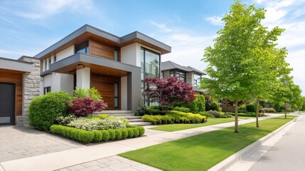 Naklejka premium Modern residential architecture with contemporary design, lush landscaping, and clean lines in suburban neighborhood