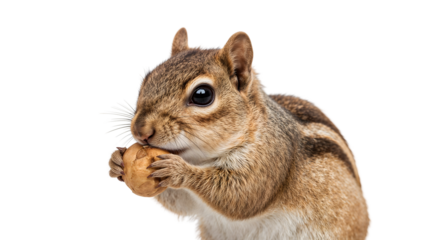 Cute squirrel eating nut closeup on the transparent background with fluffy fur and whiskers
