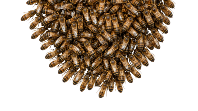 Closeup cluster of honey bees forming a swarm on the transparent background highlighting pollinator unity and colony structure