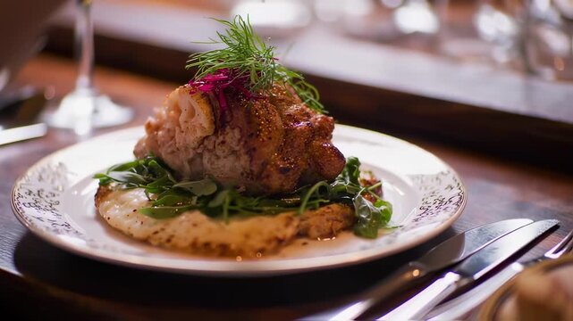 Exquisite pork knuckle presentation on a modern plate with fine dining experience ambience