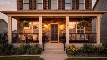 Fototapeta premium Charming suburban home exterior with porch and landscaped garden at dusk with warm lighting and inviting atmosphere