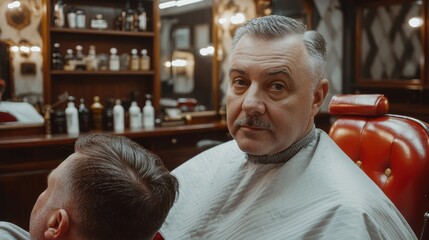 Retro barber shop traditional interior distinguished man with gray hair mustache in vintage red leather barber chair classic atmosphere