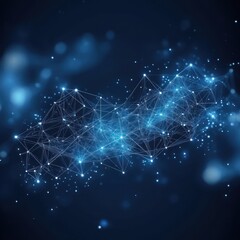 Fototapeta premium Abstract digital network with interconnected glowing nodes and lines floating in a dark blue space, representing data connections or technology