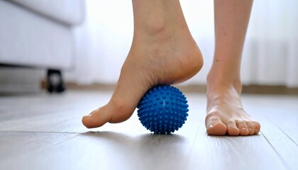 Woman using a spiky massage ball for foot pain relief and plantar fasciitis therapy at home