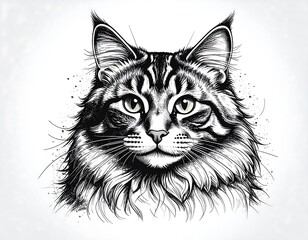 Detailed black and white illustration of a Maine Coon cat's head