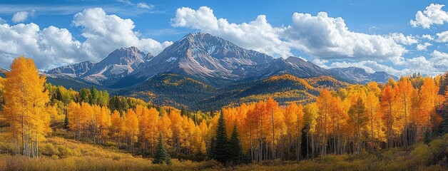 Vibrant autumn landscape with golden yellow trees in foreground and towering rocky mountains under a partly cloudy blue sky
