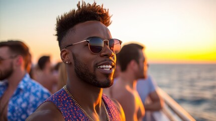 Joyful summer vibes on a beautiful boat surrounded by friends, featuring vibrant outfits and stunning ocean views