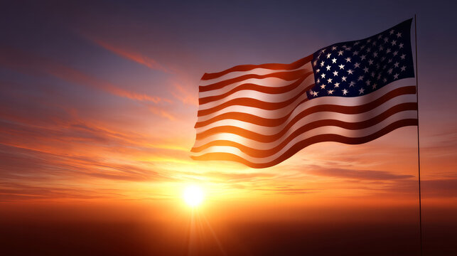 American flag in nature against a background of sunset in pink ligh. Election Day in the USA. America Day. Festive Mood on President's Day