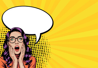 Young woman surprised in pop art style with speech. On yellow background. Pop art in comics vector style.