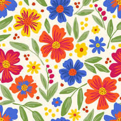 Bright floral vector seamless pattern. Orange, blue, yellow flowers on a light background. For fabric prints, textile products, summer clothes.