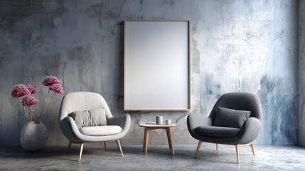 Modern living room with empty frame