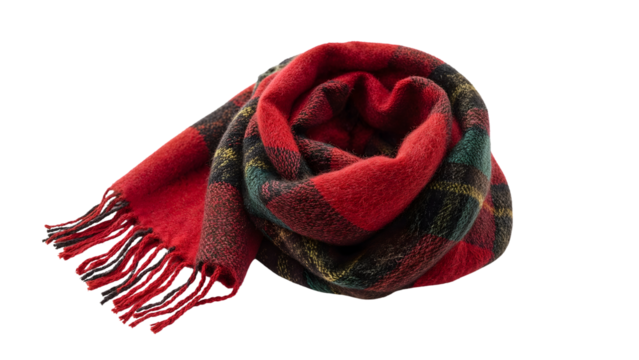 Cozy red plaid wool scarf with fringes isolated on the transparent background  classic warm winter fashion accessory