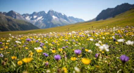 Colorful Wildflower Meadow with Mountain Range in Bright Sunlight