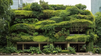 Fototapeta premium Lush Green Facade of Sustainable Building Covered in Vibrant Plants and Foliage in Urban Environment
