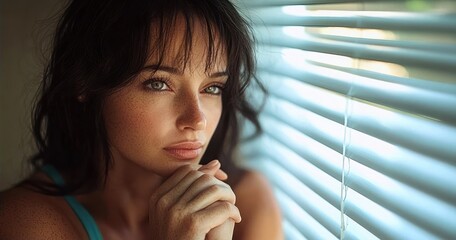 Thoughtful young woman with freckled skin gazing out softly illuminated window blinds with hands clasped near her chin expressing contemplation and calm