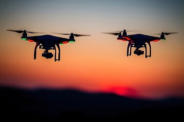 Two drones flying side by side during sunset with dark silhouette of hills in the background and warm orange sky
