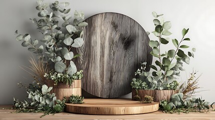 Elegant 3D display stage with round wooden podium, minimal greenery leaves arranged on sides, soft light gray background, natural and realistic look, ultra-high definition, commercial product showcase