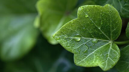 A close-up of green hydrangea leaves with water droplets symbolizes the growth, beauty, and life of nature, and fresh dew enhances the natural charm of nature.