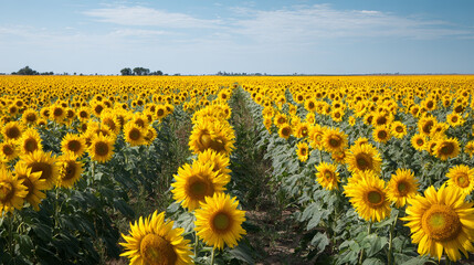 A vast agricultural field of blooming sunflowers stretching to the horizon under a sunny blue sky. A scenic summer landscape.